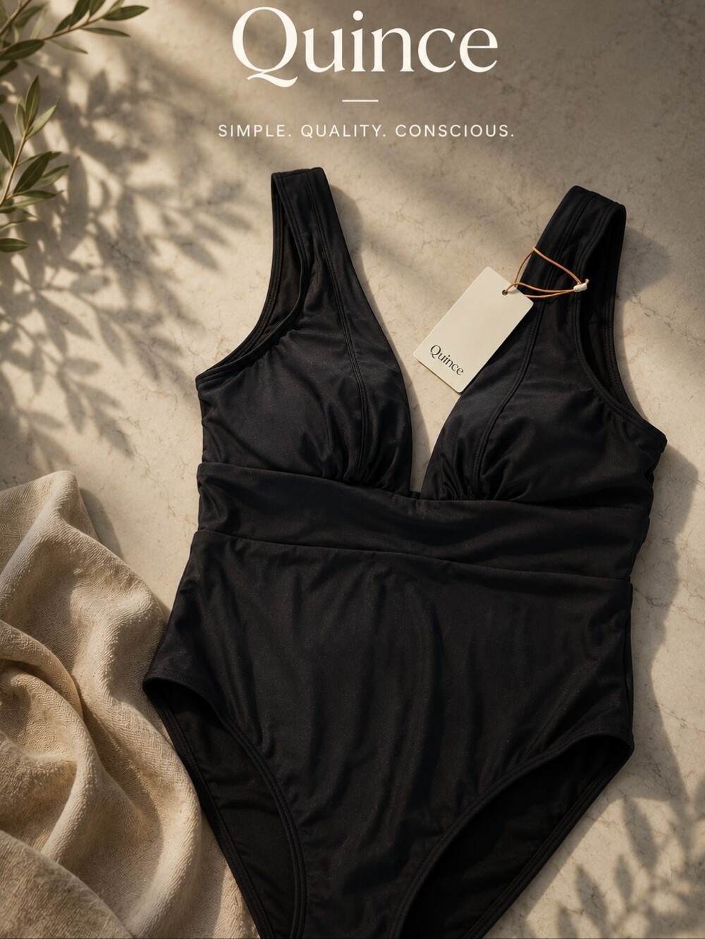 NWT Quince Italian Plunge One Piece Swimsuit XL Black Sculpting Minimalist Swim